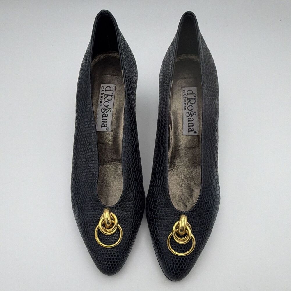 d'Rosana by Charna Black Reptile Embossed Leather Pumps Gold Hardware US 7 M